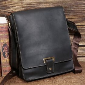 Retro Crazy Horse Leather Men's Shoulder Messenger Bag (Option: Black-Vertical)