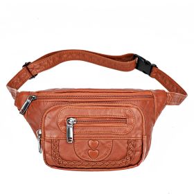 Women's Fashionable And Versatile Washed Soft Leather Waist Messenger Bag (Color: Brown)