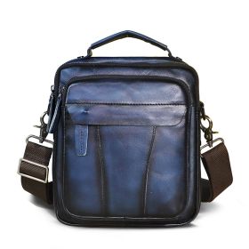 Crazy Horse Leather Retro Men's 8-inch One-shoulder Diagonal Bag (Option: Blue stroke)