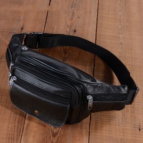 Men's Leather Multifunctional Casual Outdoor Large-capacity Diagonal Waist Bag (Color: Black)