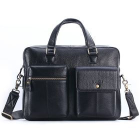 Men's Genuine Leather Briefcase Top Layer Cowhide Messenger Bag (Color: Black)