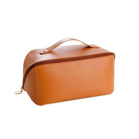 Large Capacity Travel Cosmetic Bag Double Layered Cosmetic Bag (Color: Brown)