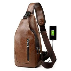 Men Chest Bag PU Leather Sling Fanny Pack Shoulder Backpack w USB Charging Port (Color: light brown)