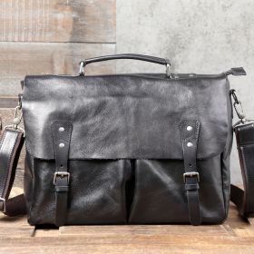 Men's First Layer Cowhide Briefcase Leather Handbag (Color: Black)